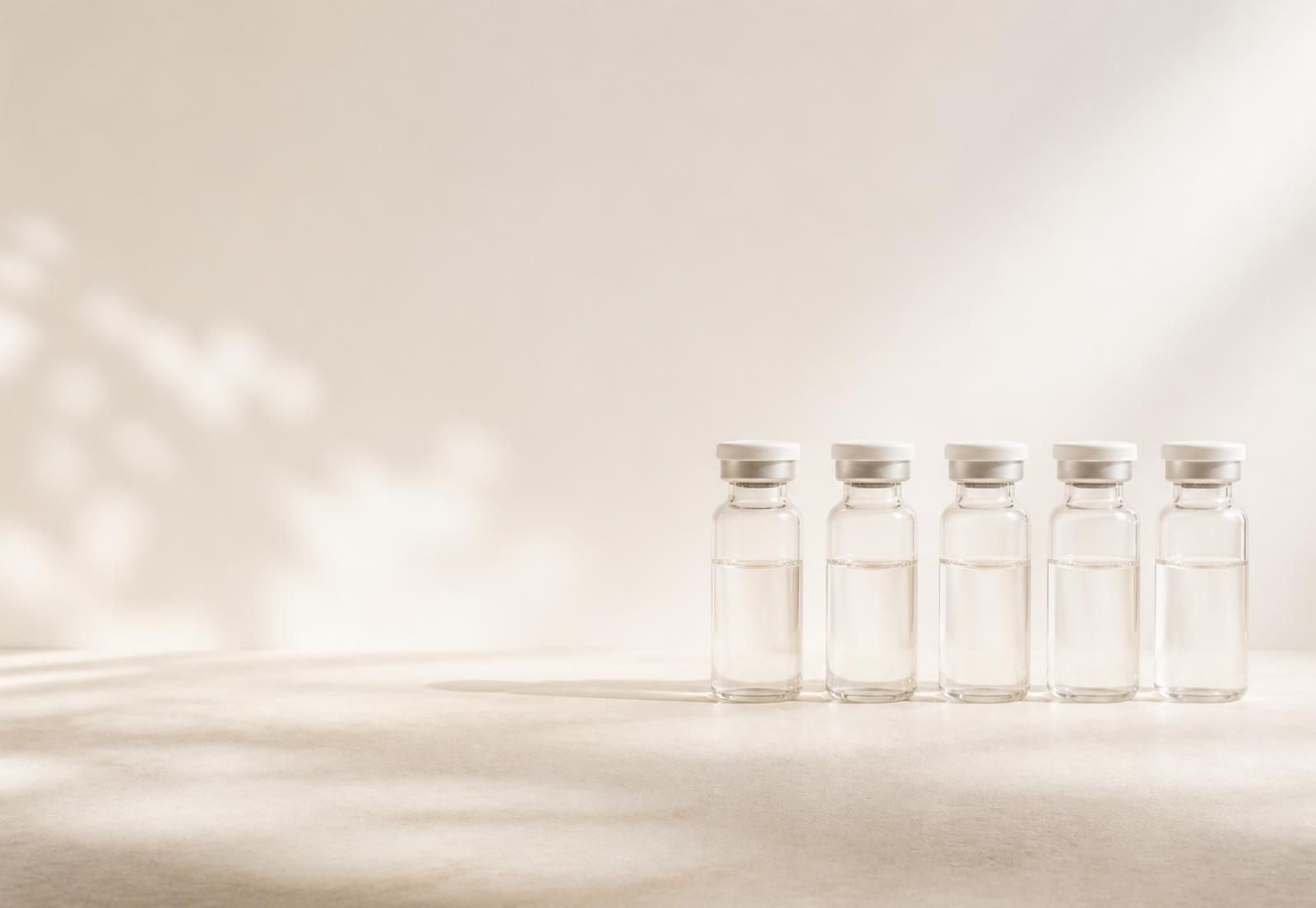 Row of laboratory research peptide vials in soft daylight